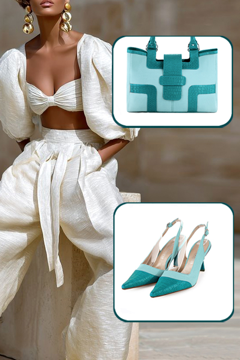 Dress slingback heels in turquoise blue and aquamarine blue leather with high spool heels and pointed toe - Top view